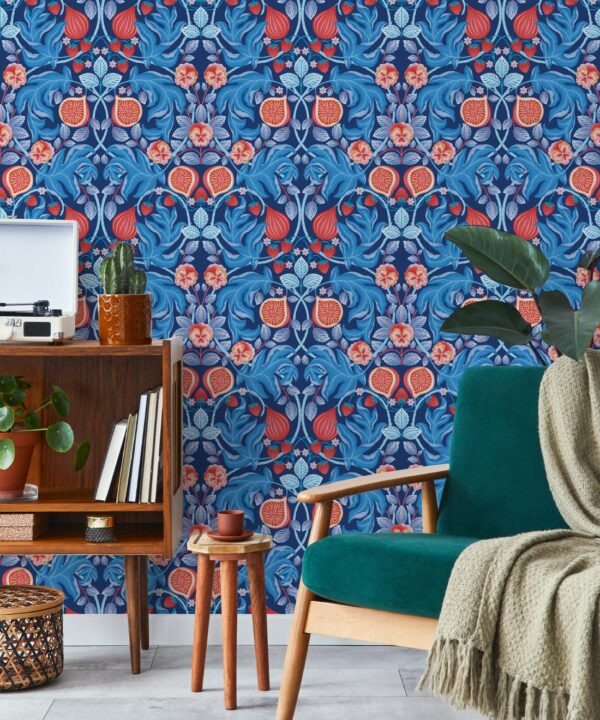 Figs & Strawberries Wallpaper • Botanical Fruit Wallpaper • Blue & Orange • Insitu