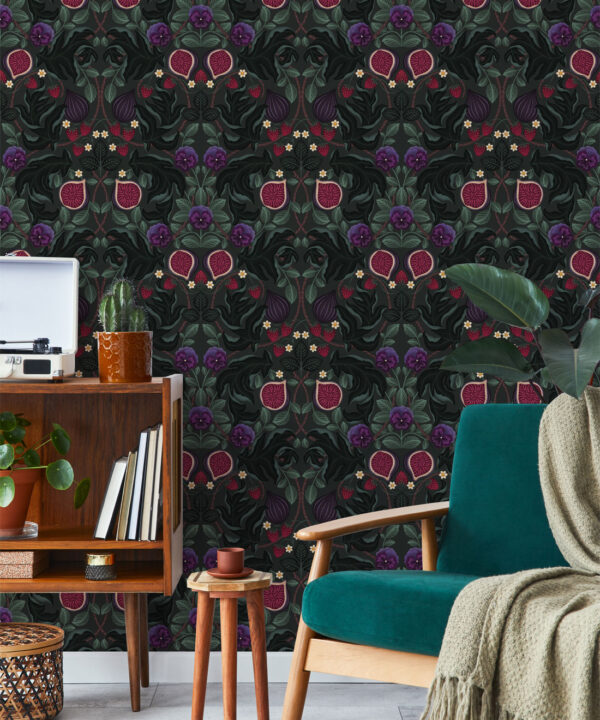 Figs & Strawberries Wallpaper • Botanical Fruit Wallpaper • Forest Green • Insitu