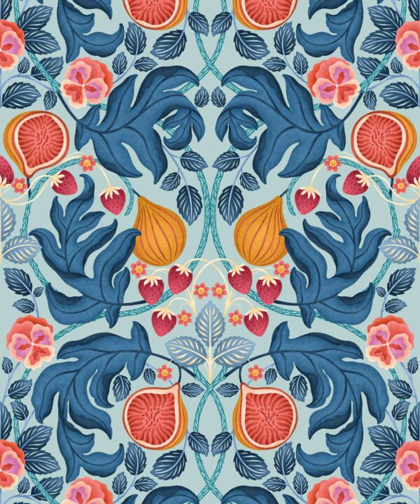 Figs & Strawberries Wallpaper • Botanical Fruit Wallpaper • Powder Blue & Ocre • Swatch