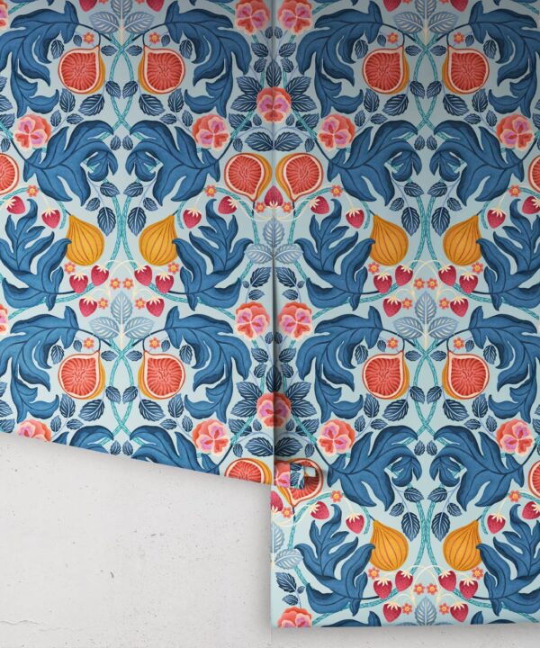 Figs & Strawberries Wallpaper • Botanical Fruit Wallpaper • Powder Blue & Ocre • Roll