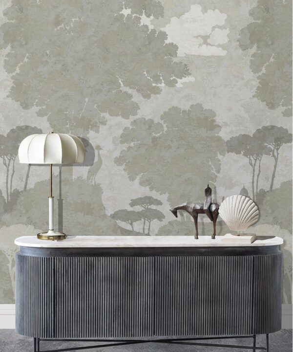 Tuscan Landscape Mural • Italian Wallpaper • Tree Wallpaper • Silhouette Wallpaper • Beige • Insitu