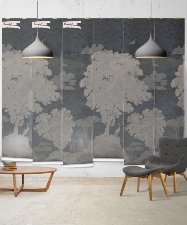 Tuscan Landscape Mural • Italian Wallpaper • Tree Wallpaper • Silhouette Wallpaper • Blue • Panels