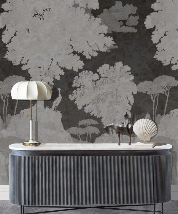 Tuscan Landscape Mural • Italian Wallpaper • Tree Wallpaper • Silhouette Wallpaper • Charcoal • Insitu