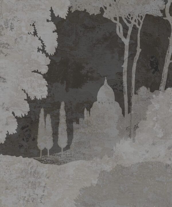 Tuscan Landscape Mural • Italian Wallpaper • Tree Wallpaper • Silhouette Wallpaper • Charcoal • Swatch