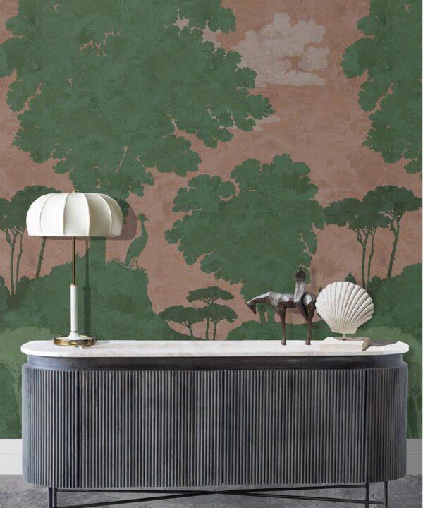 Tuscan Landscape Mural • Italian Wallpaper • Tree Wallpaper • Silhouette Wallpaper • Terracotta • Insitu