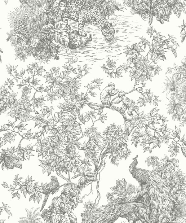 Sinharaja Wallpaper • Vintage Jungle Toile Wallpaper • Grey • Swatch