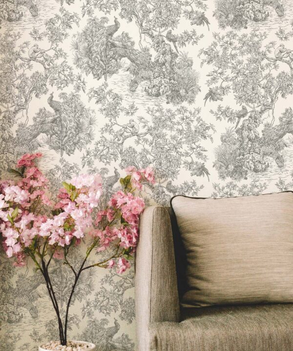 Sinharaja Wallpaper • Vintage Jungle Toile Wallpaper • Grey • Insitu