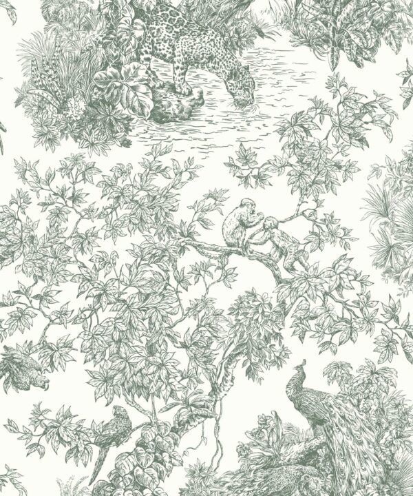 Sinharaja Wallpaper • Vintage Jungle Toile Wallpaper • Juniper • Swatch