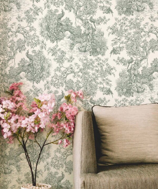 Sinharaja Wallpaper • Vintage Jungle Toile Wallpaper • Juniper • Insitu