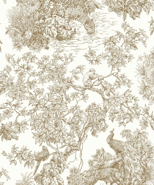 Sinharaja Wallpaper • Vintage Jungle Toile Wallpaper • Ochre • Swatch