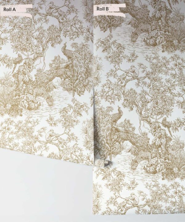 Sinharaja Wallpaper • Vintage Jungle Toile Wallpaper • Ochre • Rolls