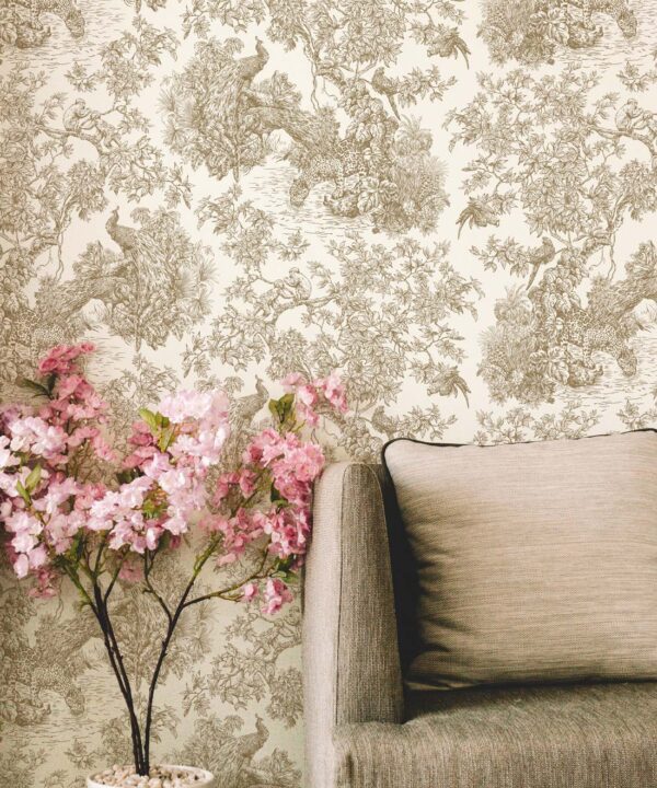 Sinharaja Wallpaper • Vintage Jungle Toile Wallpaper • Ochre • Insitu