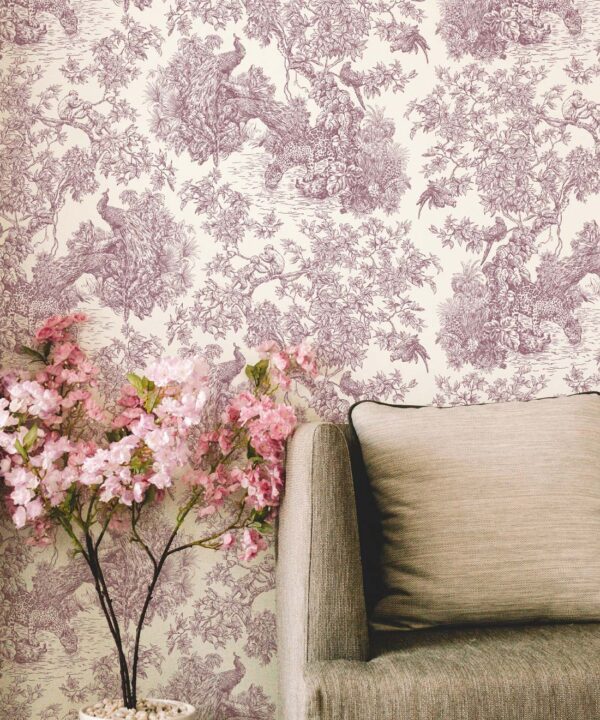 Sinharaja Wallpaper • Vintage Jungle Toile Wallpaper • Pale Rose • Insitu