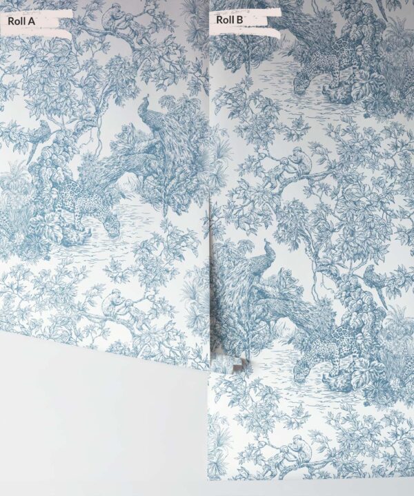 Sinharaja Wallpaper • Vintage Jungle Toile Wallpaper • Sapphire • Rolls