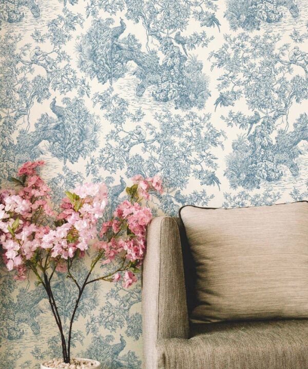 Sinharaja Wallpaper • Vintage Jungle Toile Wallpaper • Sapphire • Insitu