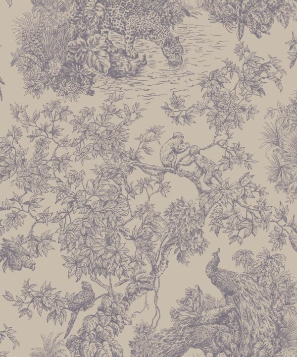 Sinharaja Wallpaper • Vintage Jungle Toile Wallpaper • Tan • Swatch