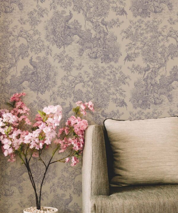 Sinharaja Wallpaper • Vintage Jungle Toile Wallpaper • Tan • Insitu