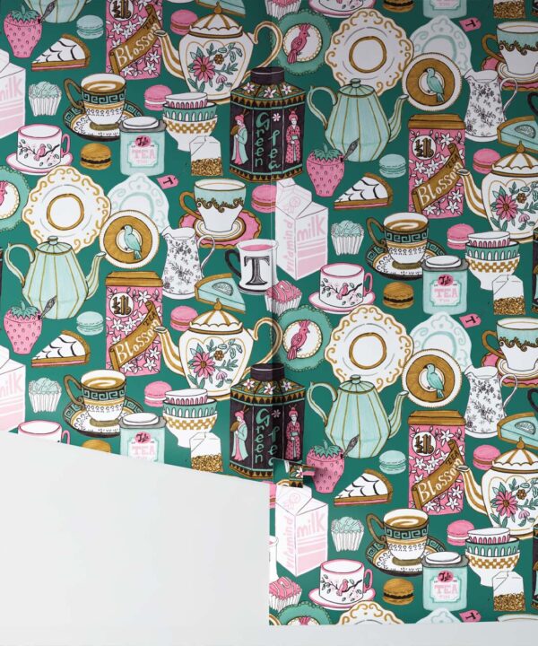 Tea Time Wallpaper • tea cups, tea pots, macaroons • milk and cream • Teal • Roll