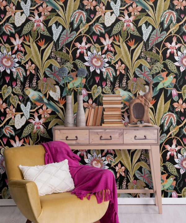 Parrot Jungle Wallpaper • Jacqueline Colley • Black • Insitu