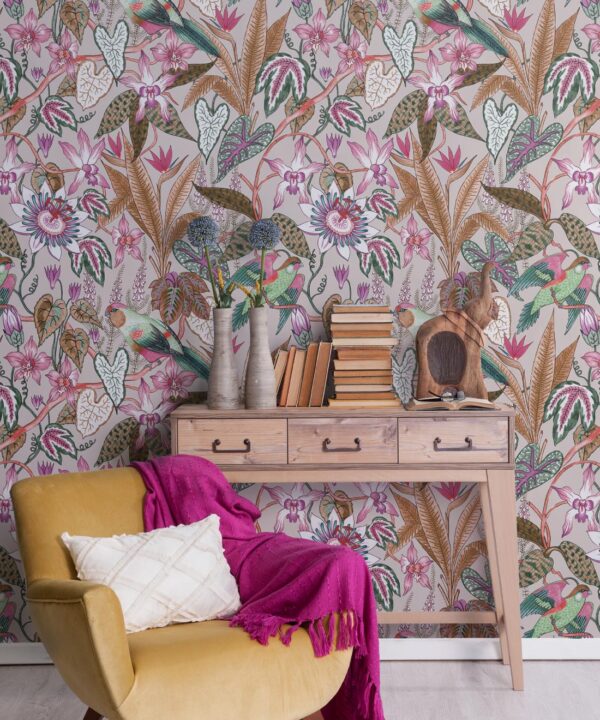 Parrot Jungle Wallpaper • Jacqueline Colley • Oatmeal • Insitu