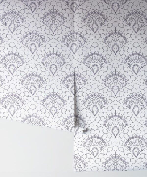 Retro Peacock Wallpaper • Art Deco • Grey • Rolls