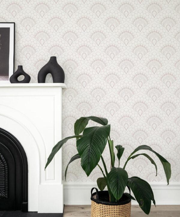 Retro Peacock Wallpaper • Art Deco • Ivory • Insitu