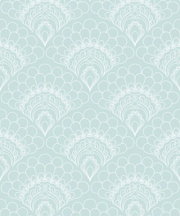 Retro Peacock Wallpaper • Art Deco • Light Blue • Swatch