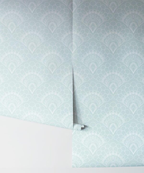 Retro Peacock Wallpaper • Art Deco • Light Blue • Rolls