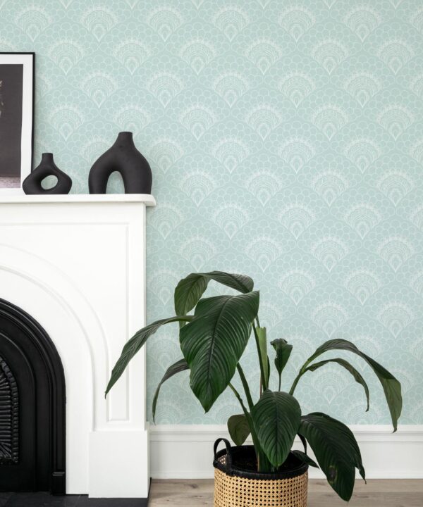 Retro Peacock Wallpaper • Art Deco • Light Blue • Insitu