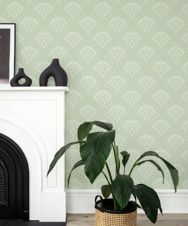 Retro Peacock Wallpaper • Art Deco • Green • Insitu