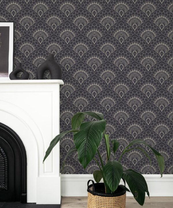 Retro Peacock Wallpaper • Art Deco • Slate • Insitu