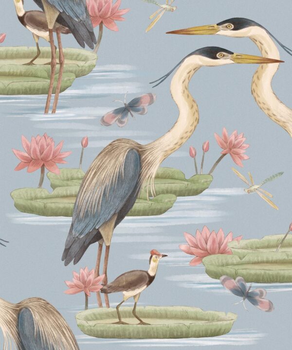 Heron Jacana Giant Lillypad Wallpaper • Muted Blue • Swatch