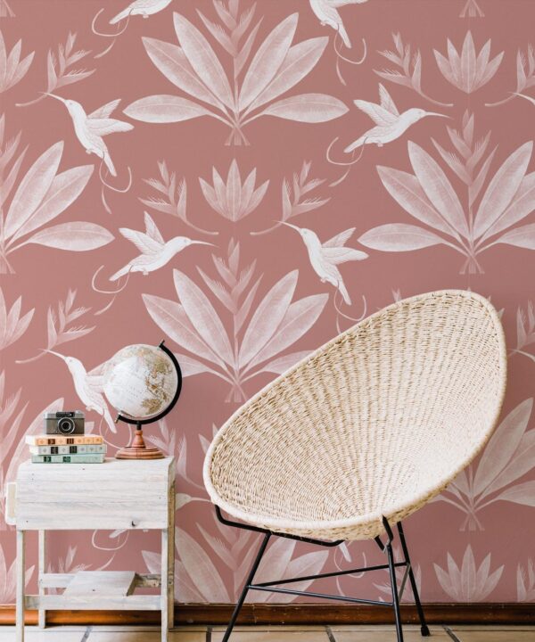 Hummingbirds & Heliconias Wallpaper • Allira Tee • Bird Wallpaper • Rust • Insitu