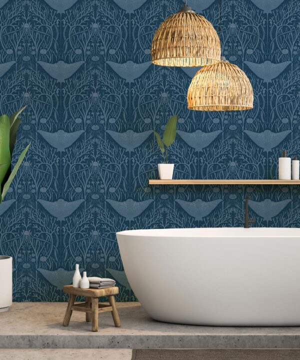 Manta Ray Wallpaper • Floral Wallpaper • Blue • Insitu