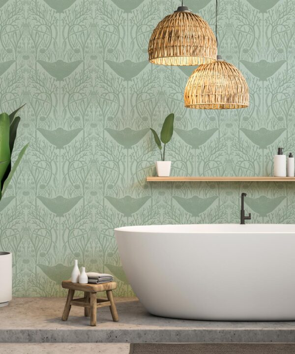 Manta Ray Wallpaper • Floral Wallpaper • Mint • Insitu