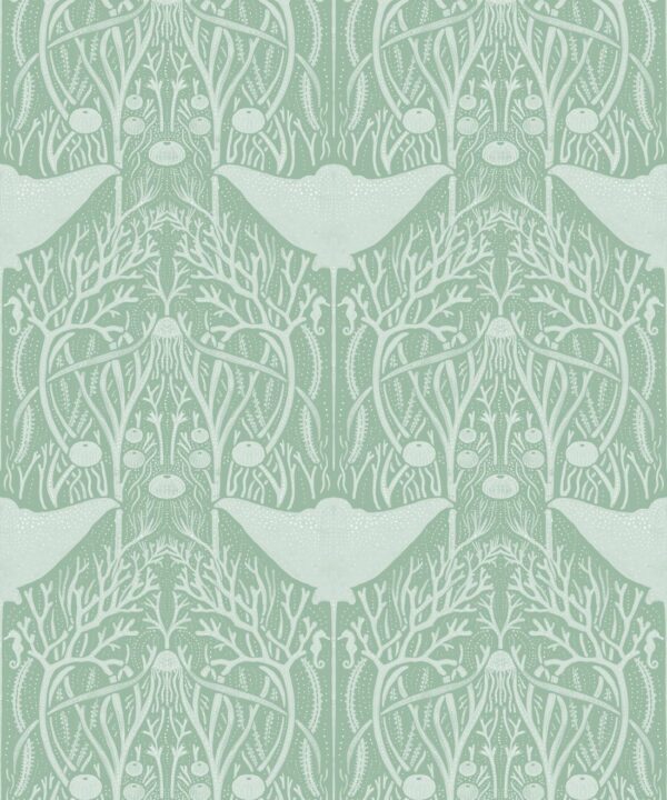 Manta Ray Wallpaper • Floral Wallpaper • Sea Green • Swatch