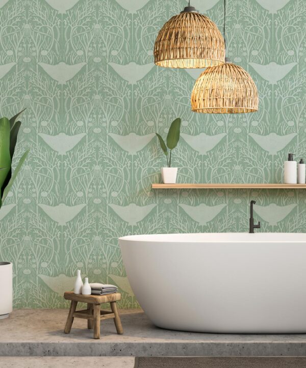 Manta Ray Wallpaper • Floral Wallpaper • Sea Green • Insitu