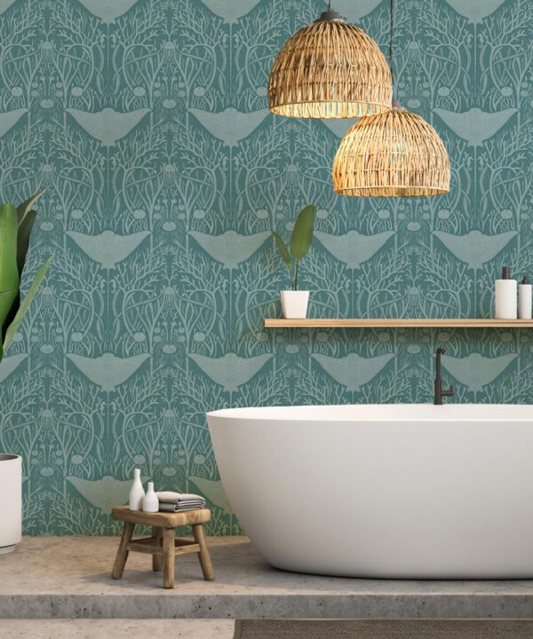 Manta Ray Wallpaper • Floral Wallpaper • Teal • Insitu