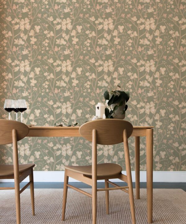 Quince Wallpaper • Floral Wallpaper • Sage • Insitu