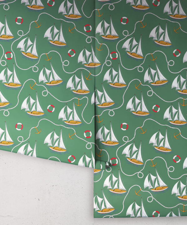 Hey Sailor Wallpaper • Kip&Co • Sailboats and Buoys • Nautical Wallpaper • Green • Rolls