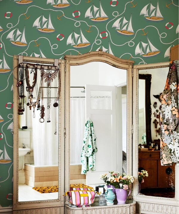 Hey Sailor Wallpaper • Kip&Co • Sailboats and Buoys • Nautical Wallpaper • Green • Insitu with Mirror