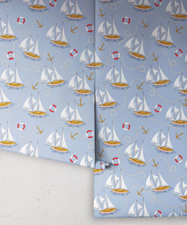 Hey Sailor Wallpaper • Kip&Co • Sailboats and Buoys • Nautical Wallpaper • Light Blue • Rolls