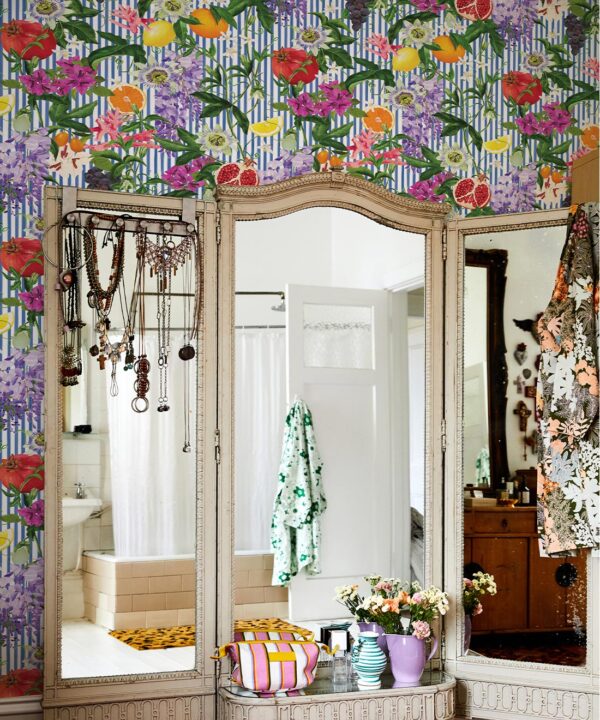 Summer In Sicily Wallpaper • Kip&Co • Fruit Wallpaper • Blue & White • Insitu with Mirror