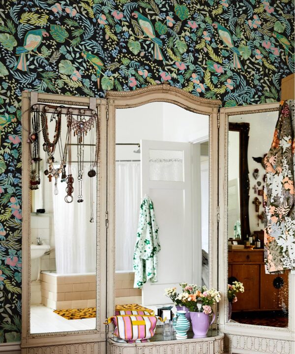 Tropical Paradise Wallpaper • Kip&co • Black • Insitu with Mirror