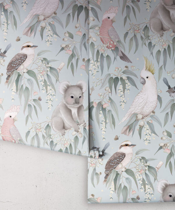 Bush Babies Wallpaper • Children's Wallpaper • Soft Blue• Roll