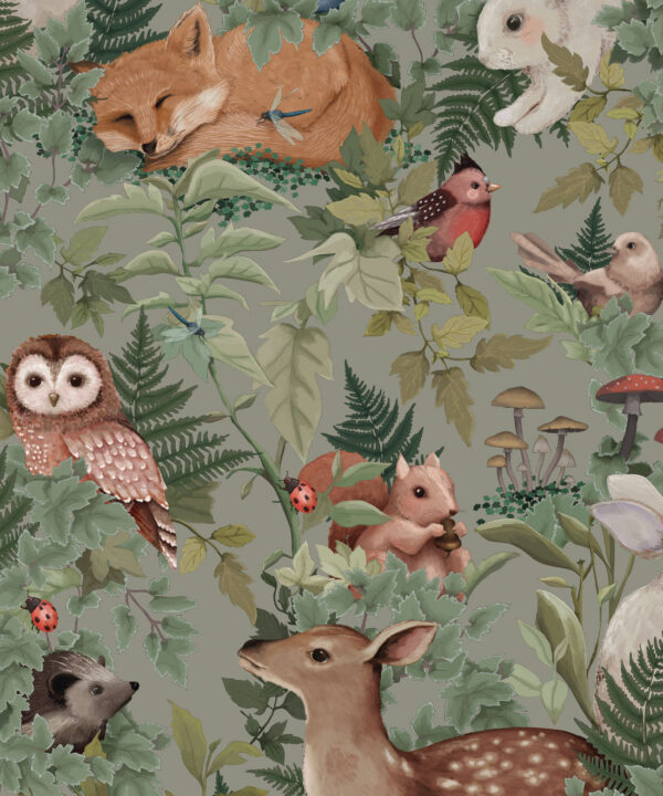 In The Woods Wallpaper • Children's Wallpaper • Dusty Green • Swatch