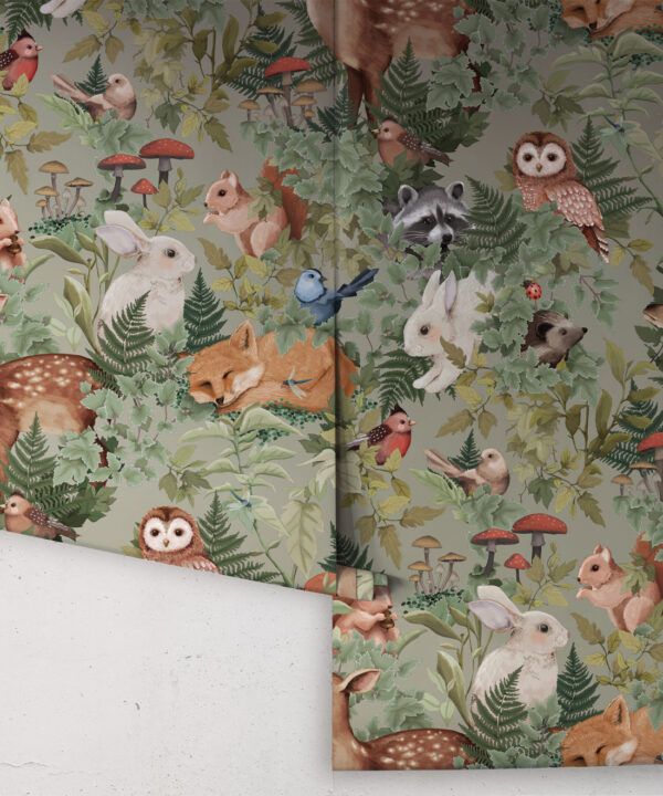 In The Woods Wallpaper • Children's Wallpaper • Dusty Green • Roll