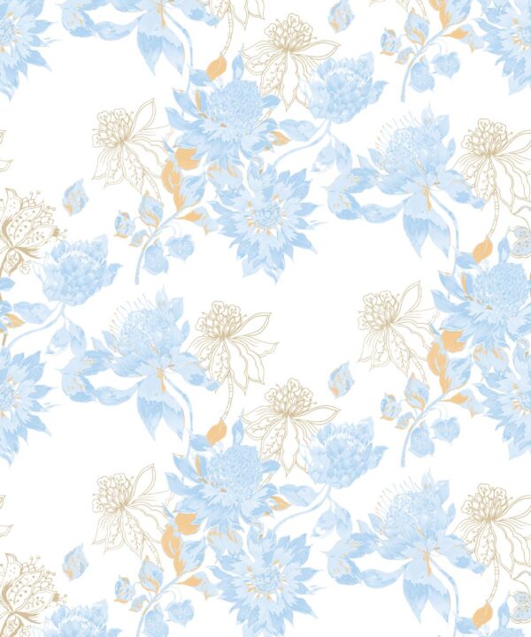 Protea Wallpaper • Floral Wallpaper • Bell Blue Honey • Swatch