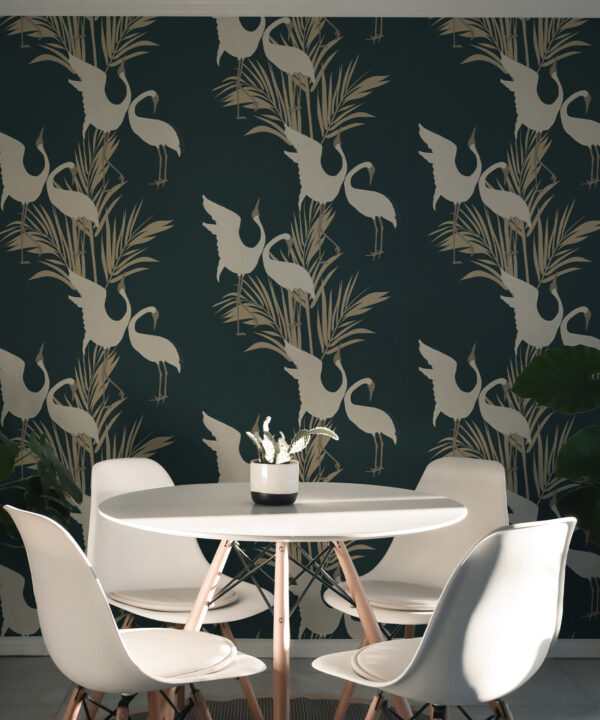 Dancing Brolga Wallpaper • Tropical Wallpaper • Forest Green • Insitu