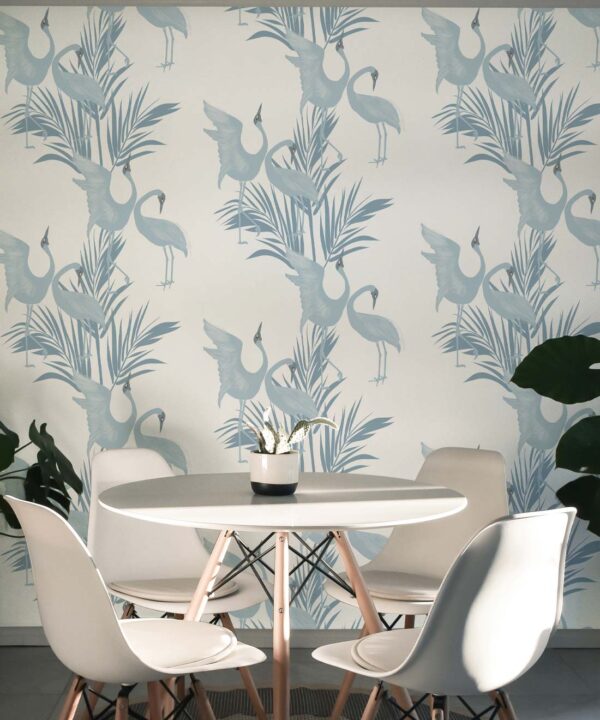 Dancing Brolga Wallpaper • Tropical Wallpaper • Powder Blue • Insitu